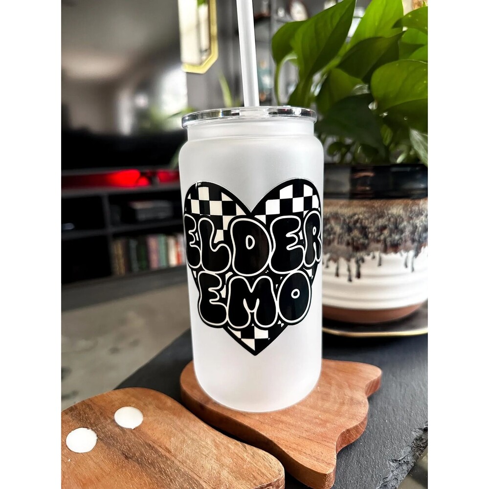 Elder Emo Iced Coffee Glass Tumbler – Checkerboard Heart Alt Scene Cup